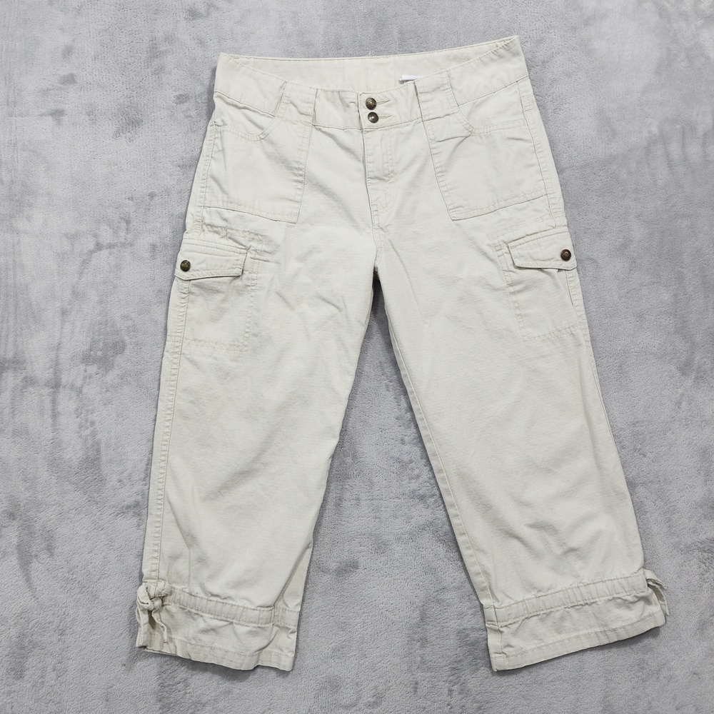 Vintage Jordache Pants Womens 16 Beige Canvas Cargo Capri Crop Drawstring Hem